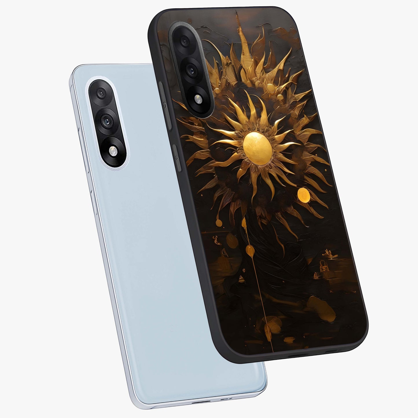 Golden Sun Majesty Glass Case for 1+Nord 5 angled mockup showcasing glossy finish and warm celestial gradients