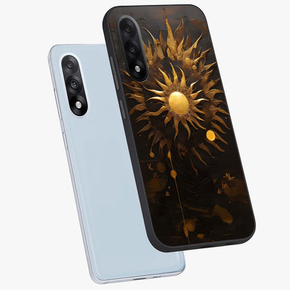Golden Sun Majesty Glass Case for 1+Nord 5 angled mockup showcasing glossy finish and warm celestial gradients