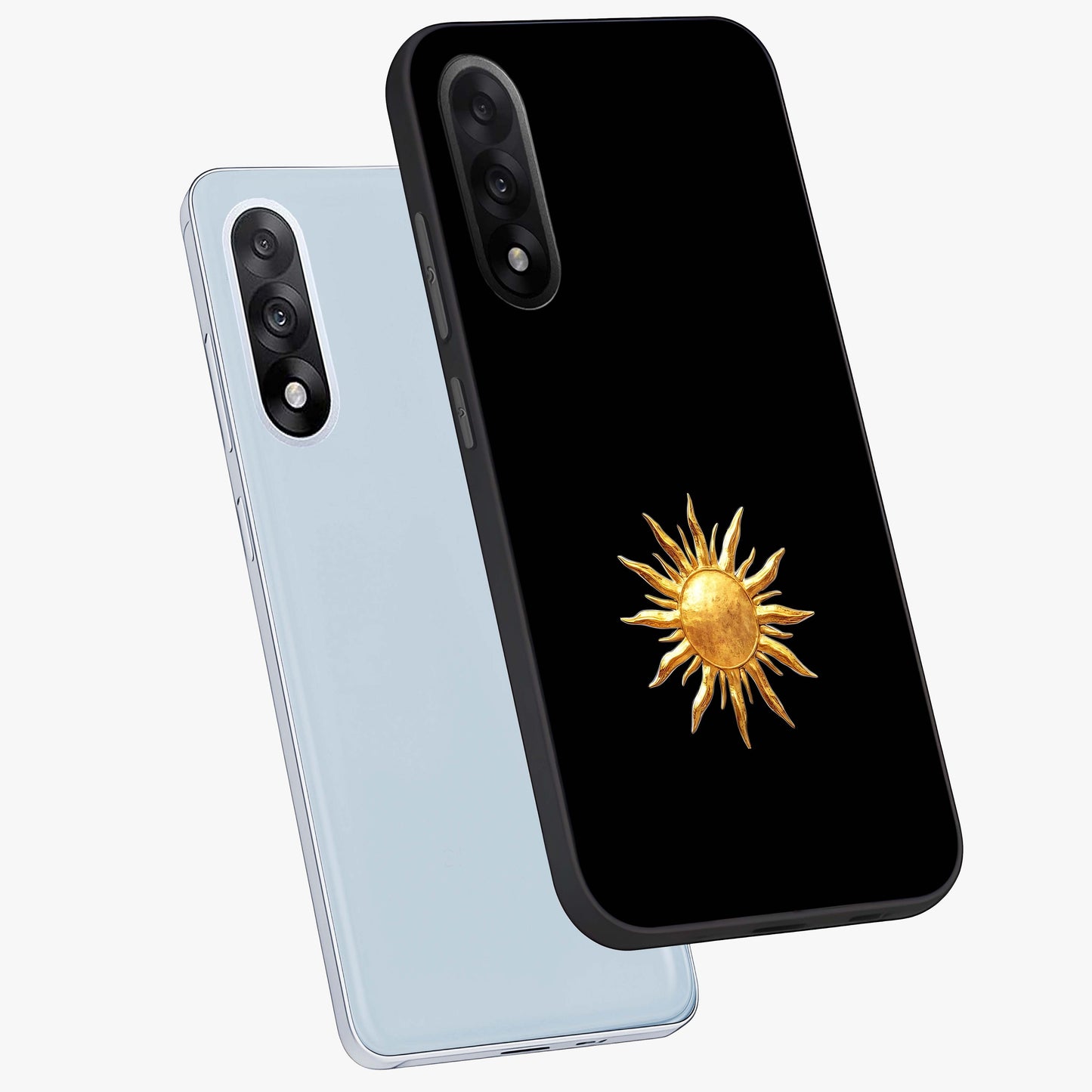 Golden Sun Minimalism Glass Case for 1+Nord 5 angled mockup showcasing glossy finish and subtle warm tones