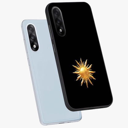 Golden Sun Minimalism Glass Case for 1+Nord 5 angled mockup showcasing glossy finish and subtle warm tones