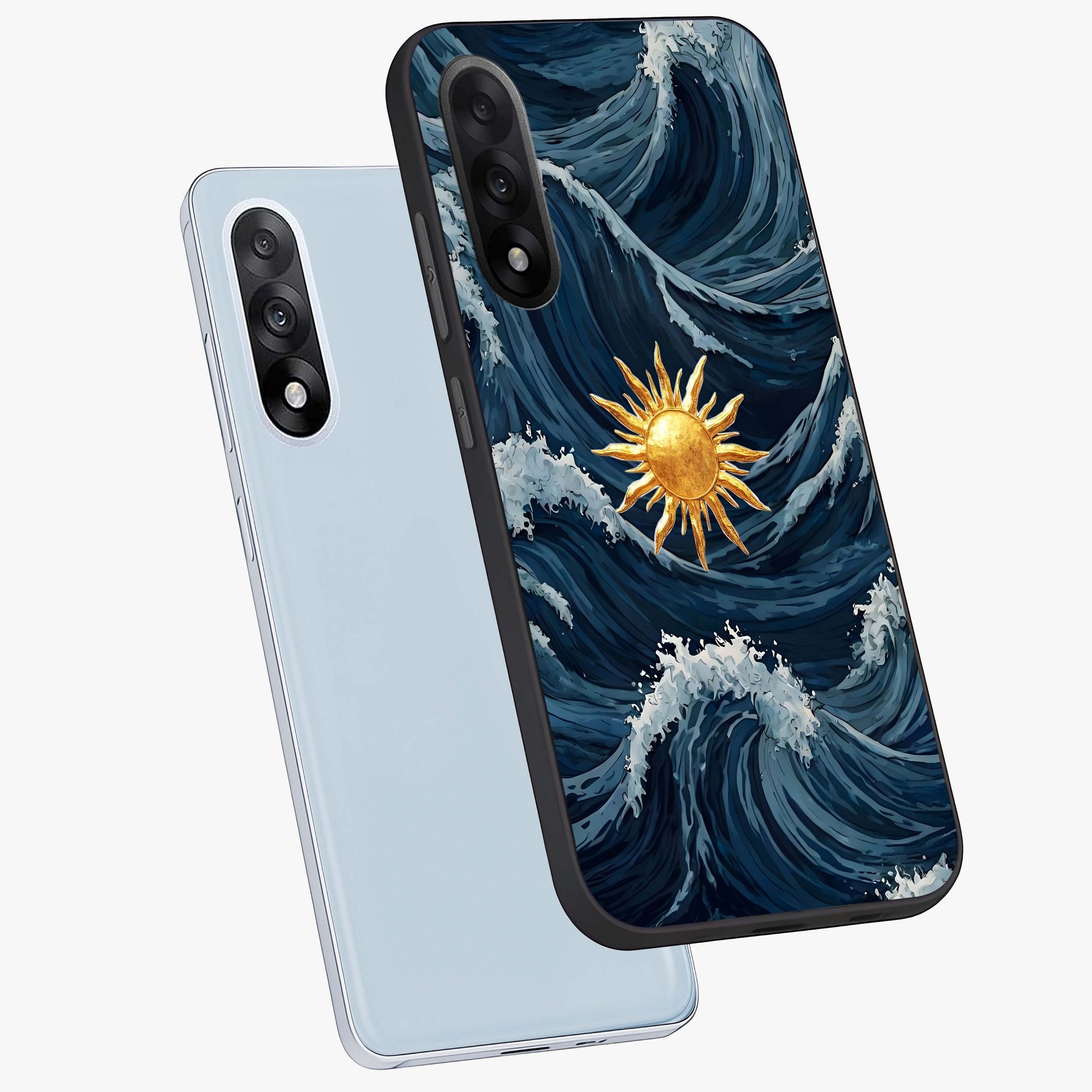 Golden Wave Rise Glass Case for 1+Nord 5 angled mockup showcasing glossy finish and fluid motion detailing