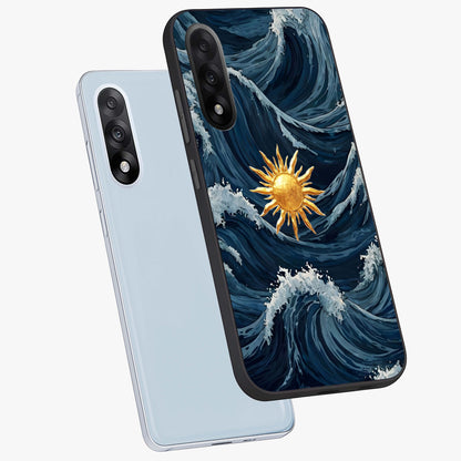 Golden Wave Rise Glass Case for 1+Nord 5 angled mockup showcasing glossy finish and fluid motion detailing