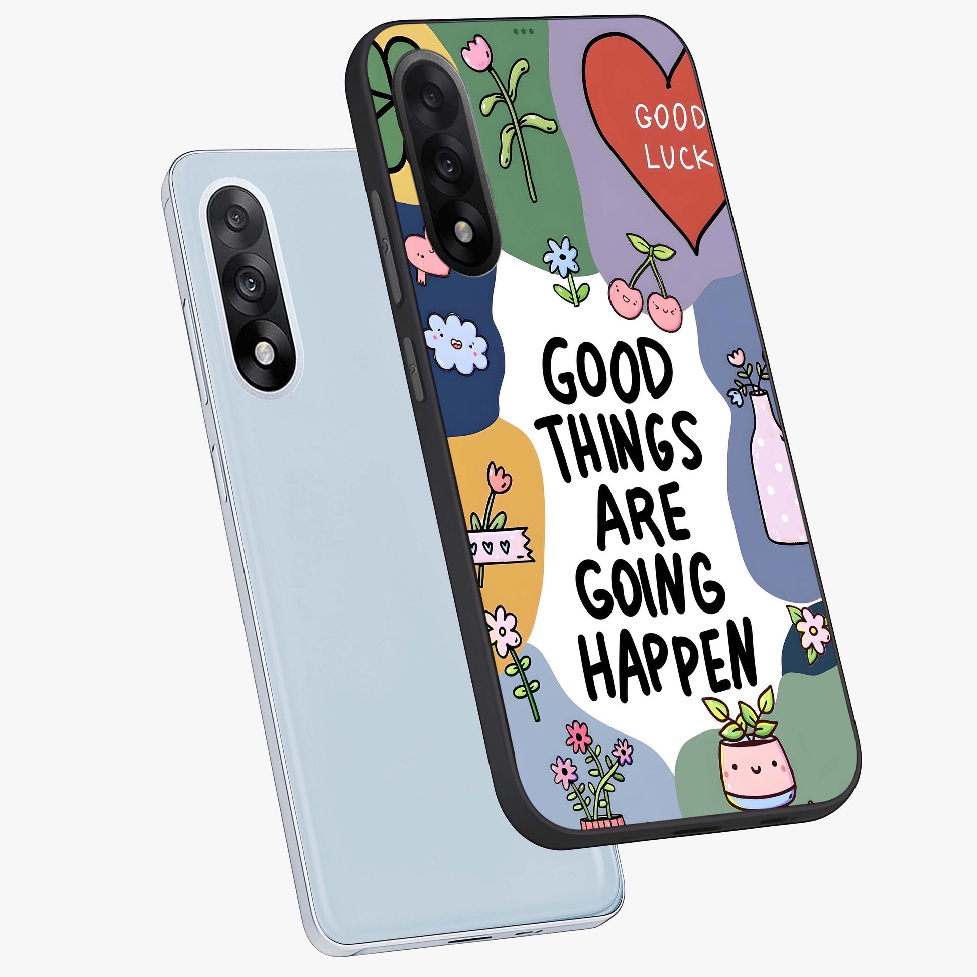 Good Thing Quote Glass Case for 1+Nord 5 angled mockup showcasing glossy finish and clean modern design