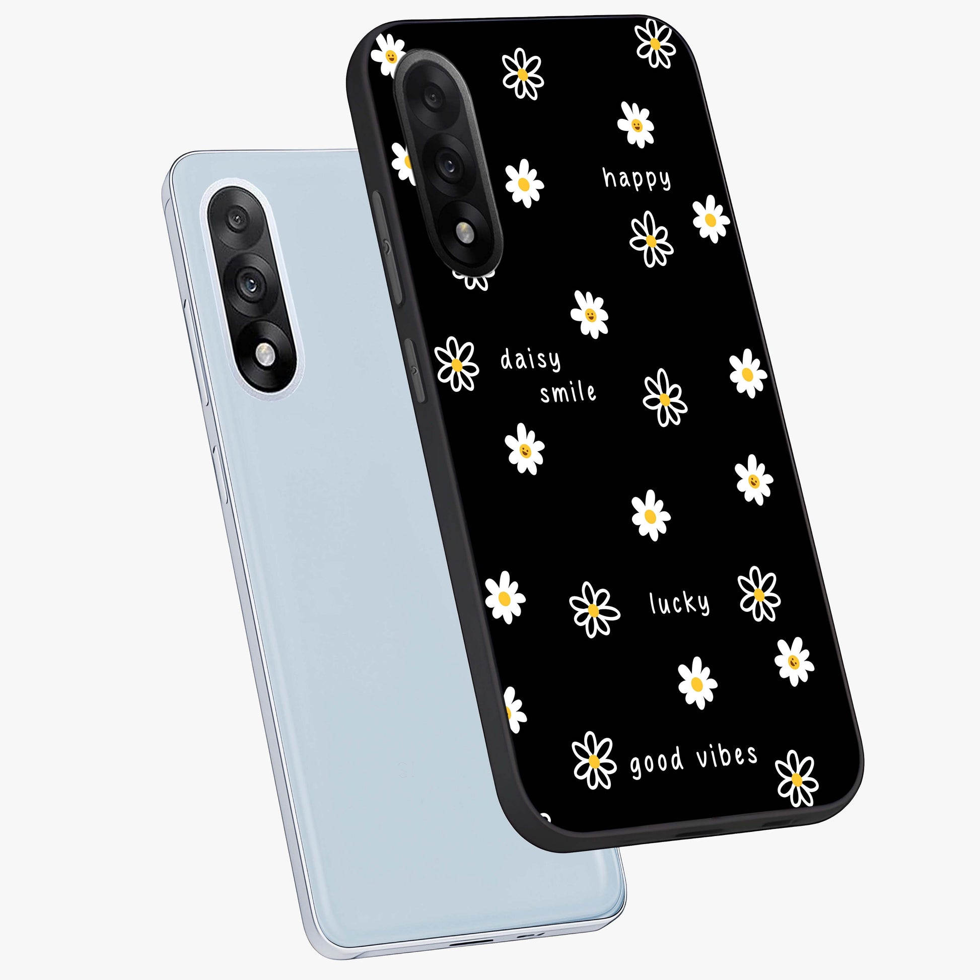 Good Vibes Daisy Black Pattern Glass Case for 1+Nord 5 angled mockup showcasing glossy finish and bold floral contrast