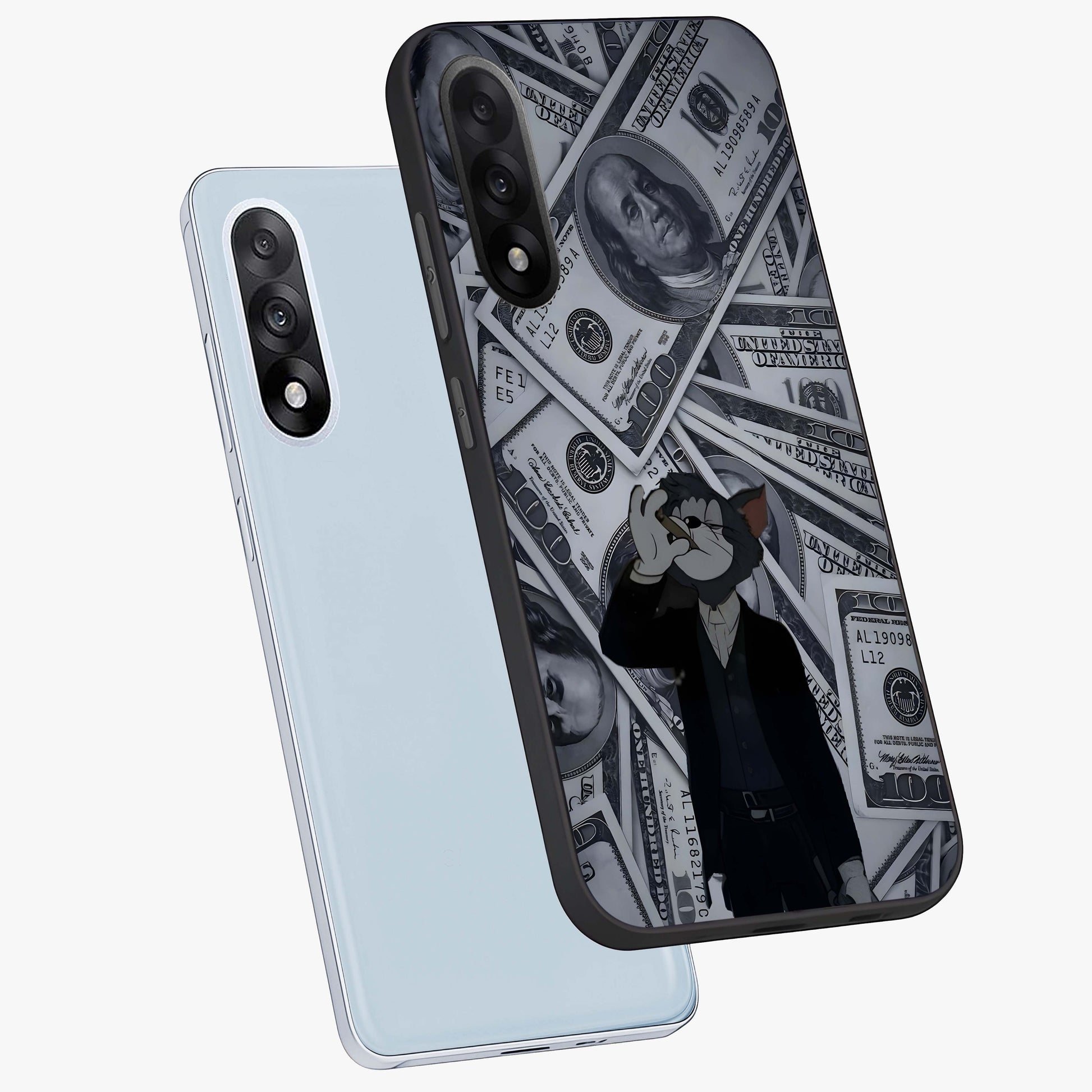 Greedy Fortune Cat Glass Case for 1+Nord 5 angled mockup showcasing glossy finish and vibrant character detailing