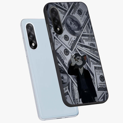 Greedy Fortune Cat Glass Case for 1+Nord 5 angled mockup showcasing glossy finish and vibrant character detailing