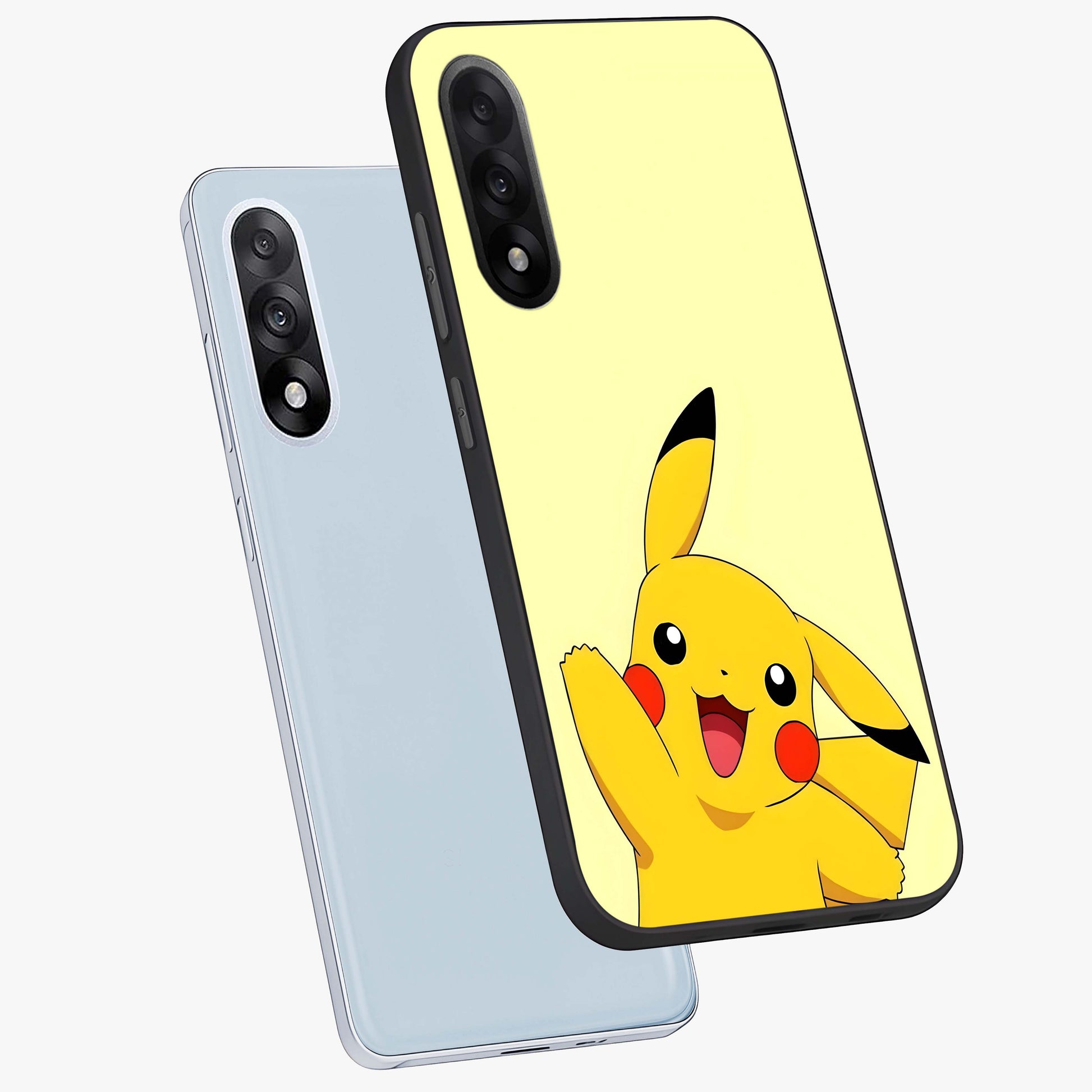 Happy Electric Pikachu Glass Case for 1+Nord 5 angled mockup showcasing glossy finish and vibrant yellow tones