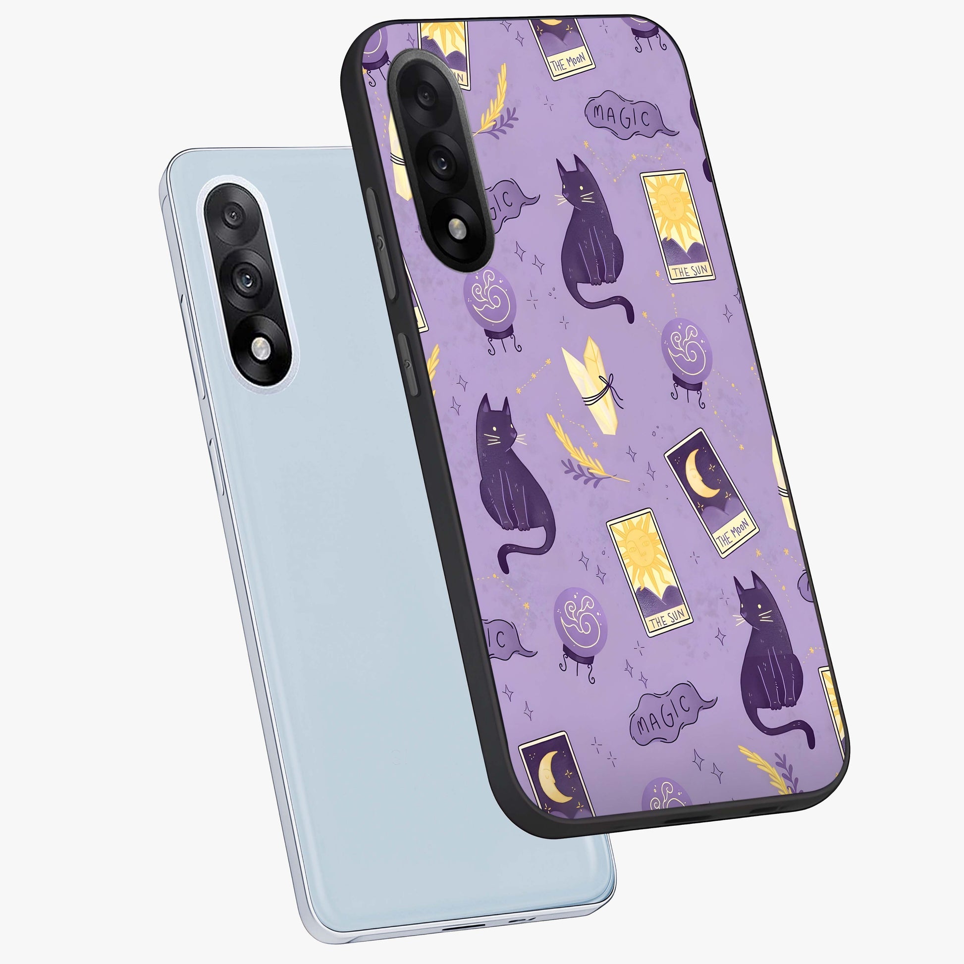 Humble Magic Cats Glass Case for 1+Nord 5 captured at a warm angle highlighting playful magical details, gloss, and edge clarity.