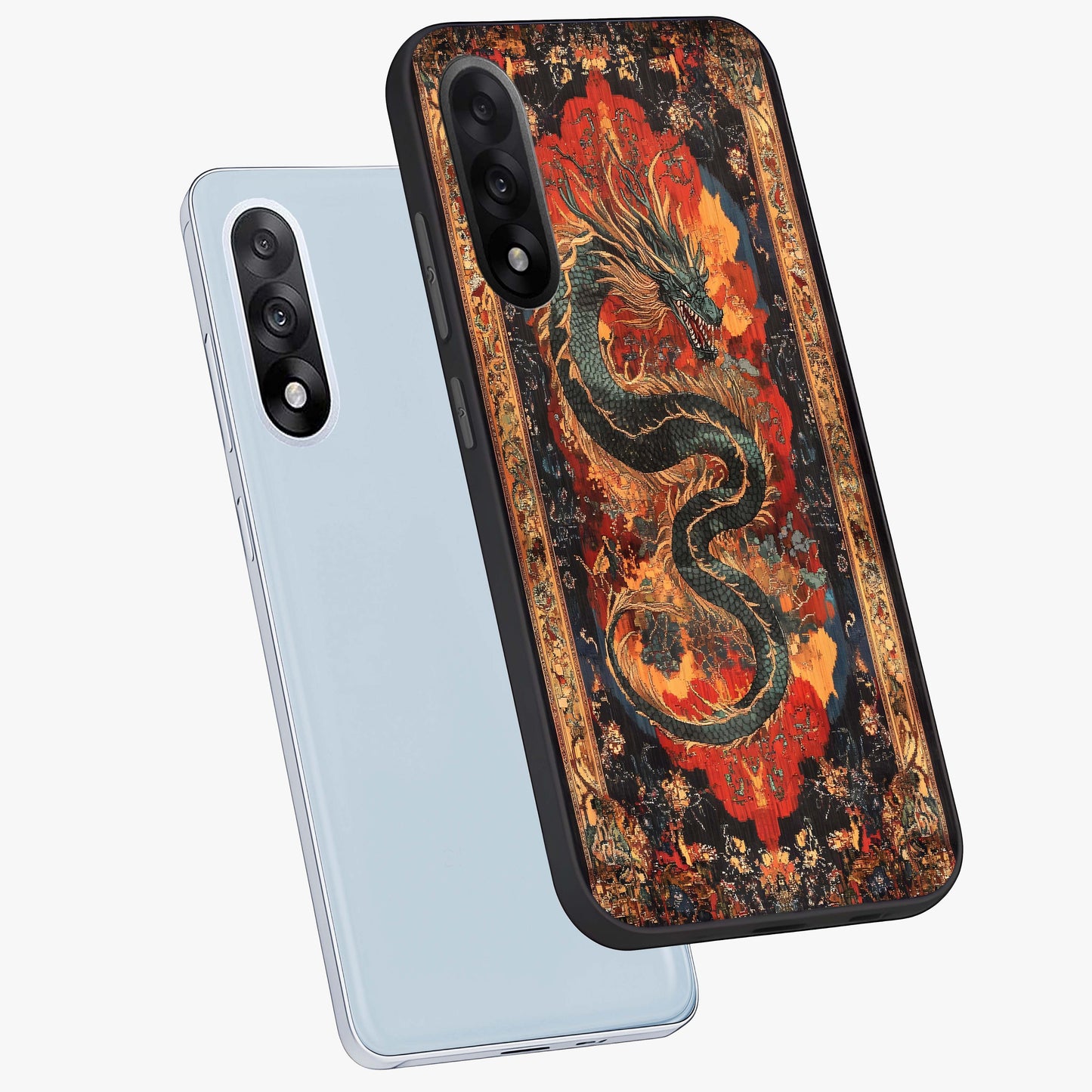 Inferno Dragon Soul Glass Case for 1+Nord 5 captured at a warm angle highlighting fierce fire tones, gloss, and edge clarity.