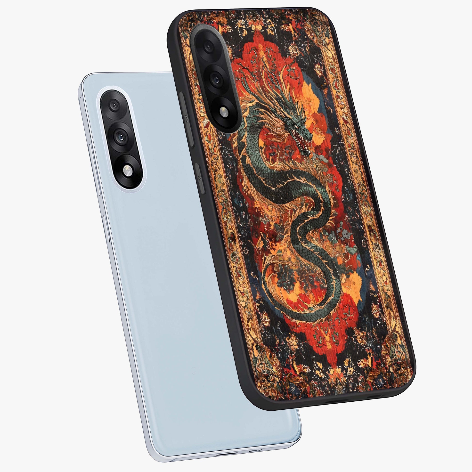 Inferno Dragon Soul Glass Case for 1+Nord 5 captured at a warm angle highlighting fierce fire tones, gloss, and edge clarity.