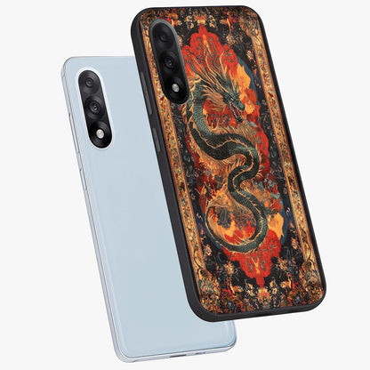 Inferno Dragon Soul Glass Case for 1+Nord 5 captured at a warm angle highlighting fierce fire tones, gloss, and edge clarity.