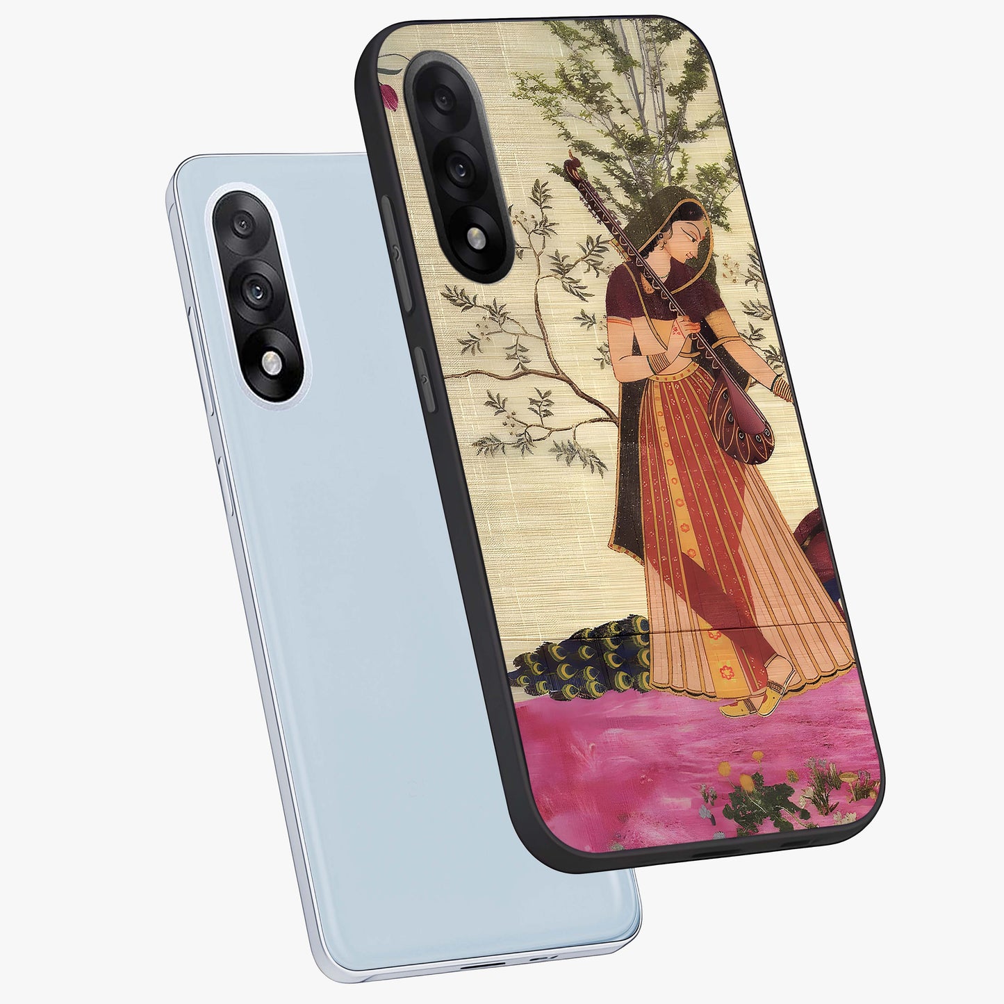 Lady With Veena Art Glass Case for 1+Nord 5 angled mockup showcasing glossy finish and refined artistic detailing