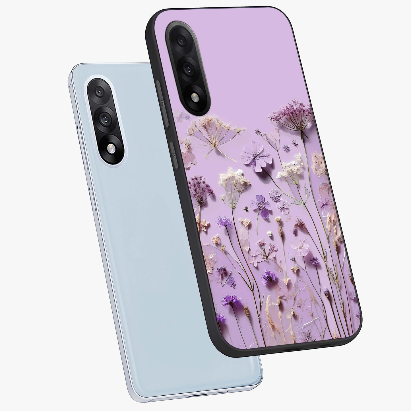 Lavender Blossom Dream Glass Case for 1+Nord 5 angled mockup showcasing glossy finish and pastel purple tones