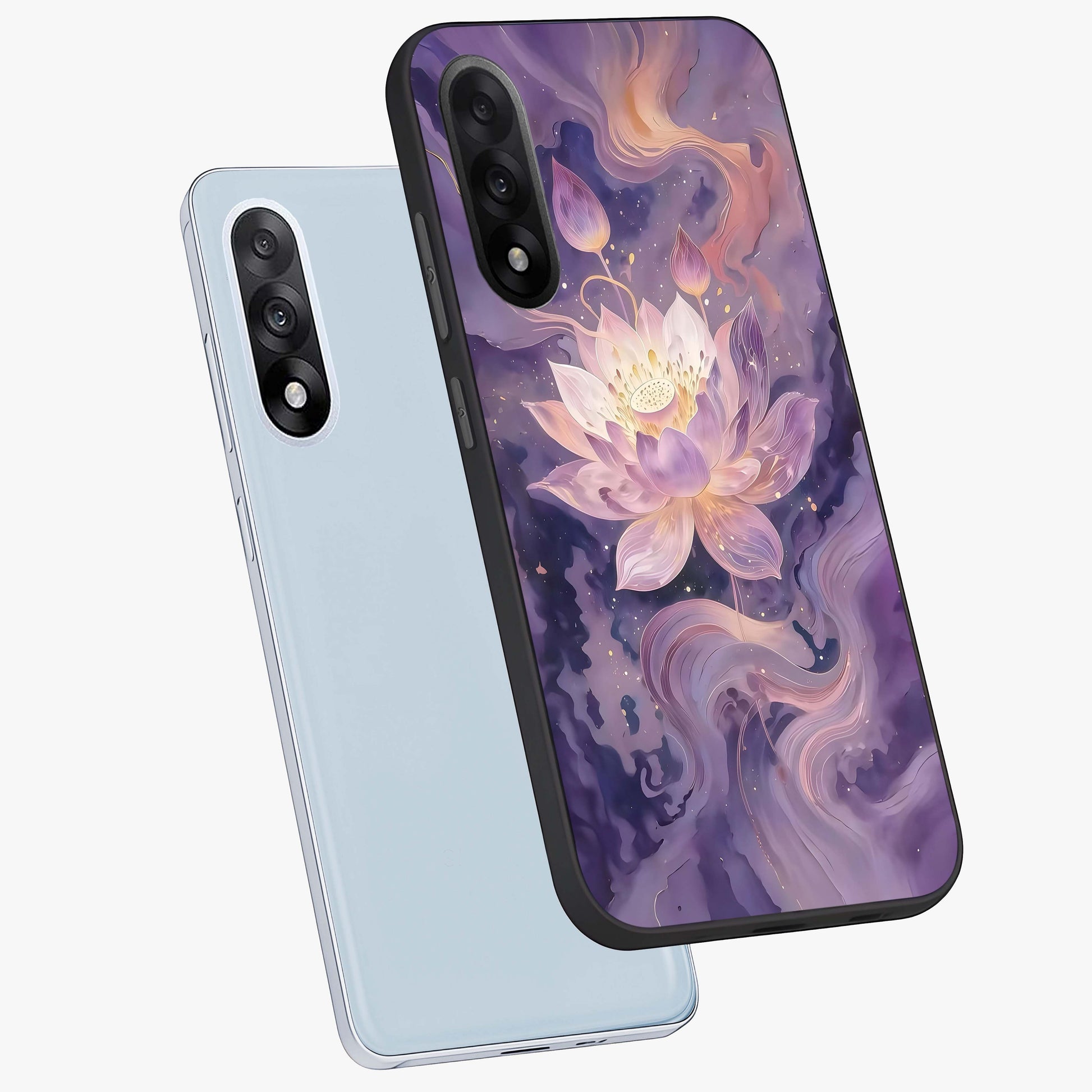 Lavender Lotus Muse Glass Case for 1+Nord 5 angled mockup showcasing glossy finish and refined floral detailing