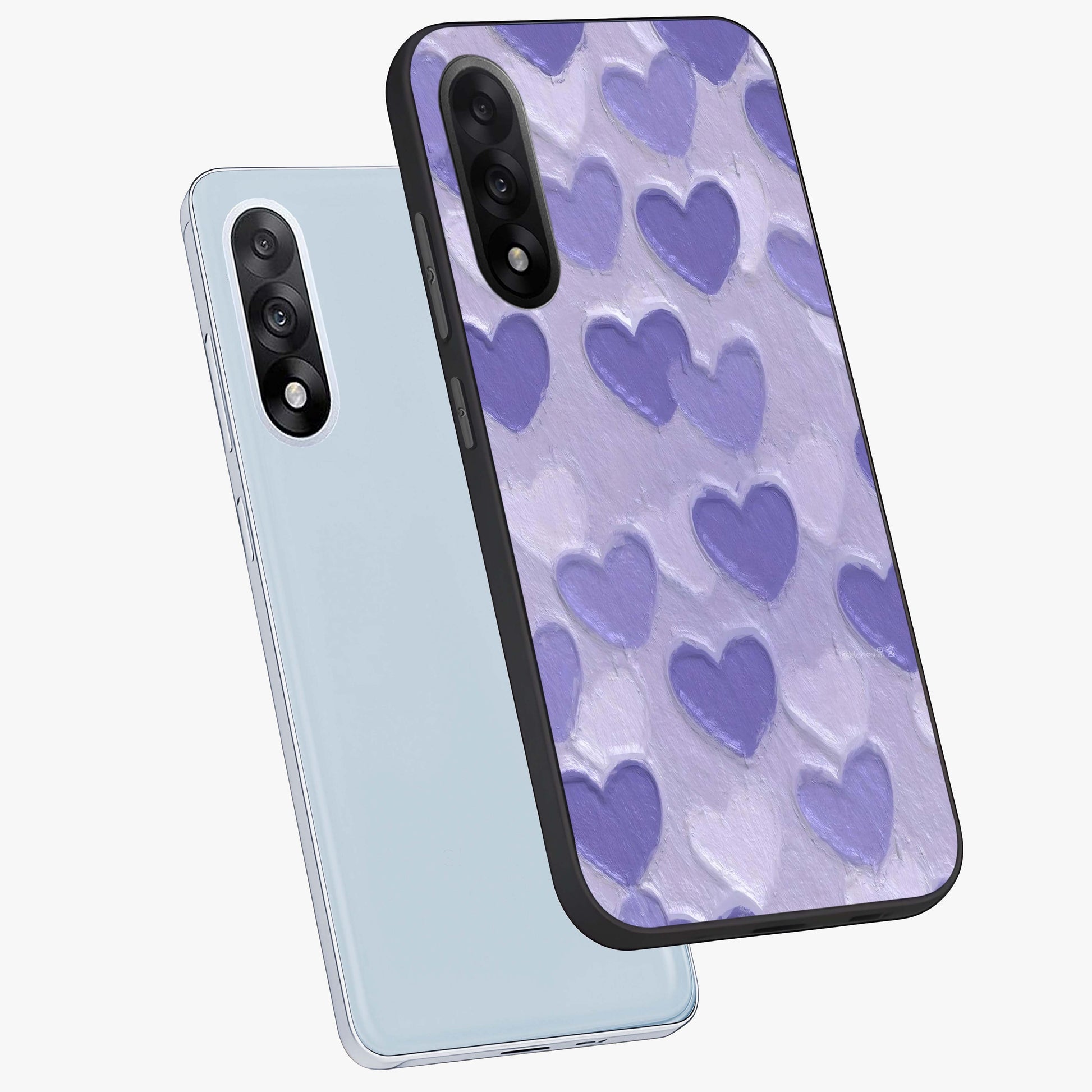 Lavender Paper Hearts Glass Case for 1+Nord 5 angled mockup showcasing glossy finish and playful pastel detailing