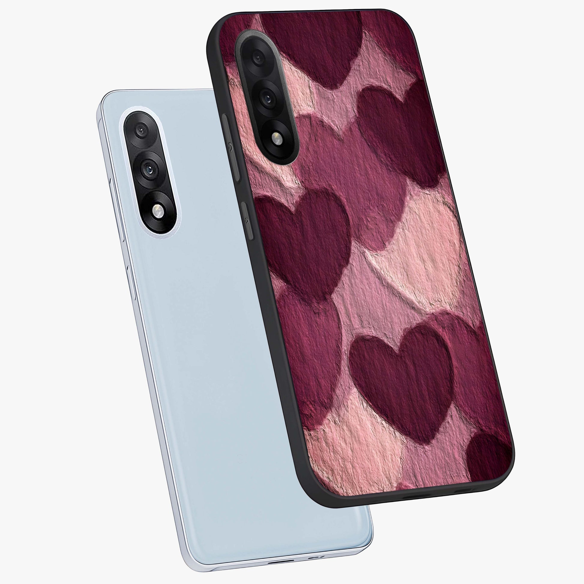 Layered Paper Hearts Glass Case for 1+Nord 5 angled mockup showcasing glossy finish and soft romantic tones