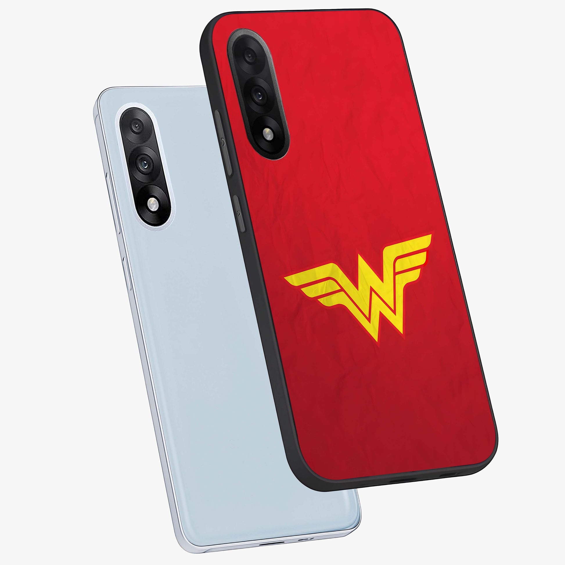 Legendary Wonder Power Glass Case for 1+Nord 5 angled mockup showcasing glossy finish and vibrant power tones