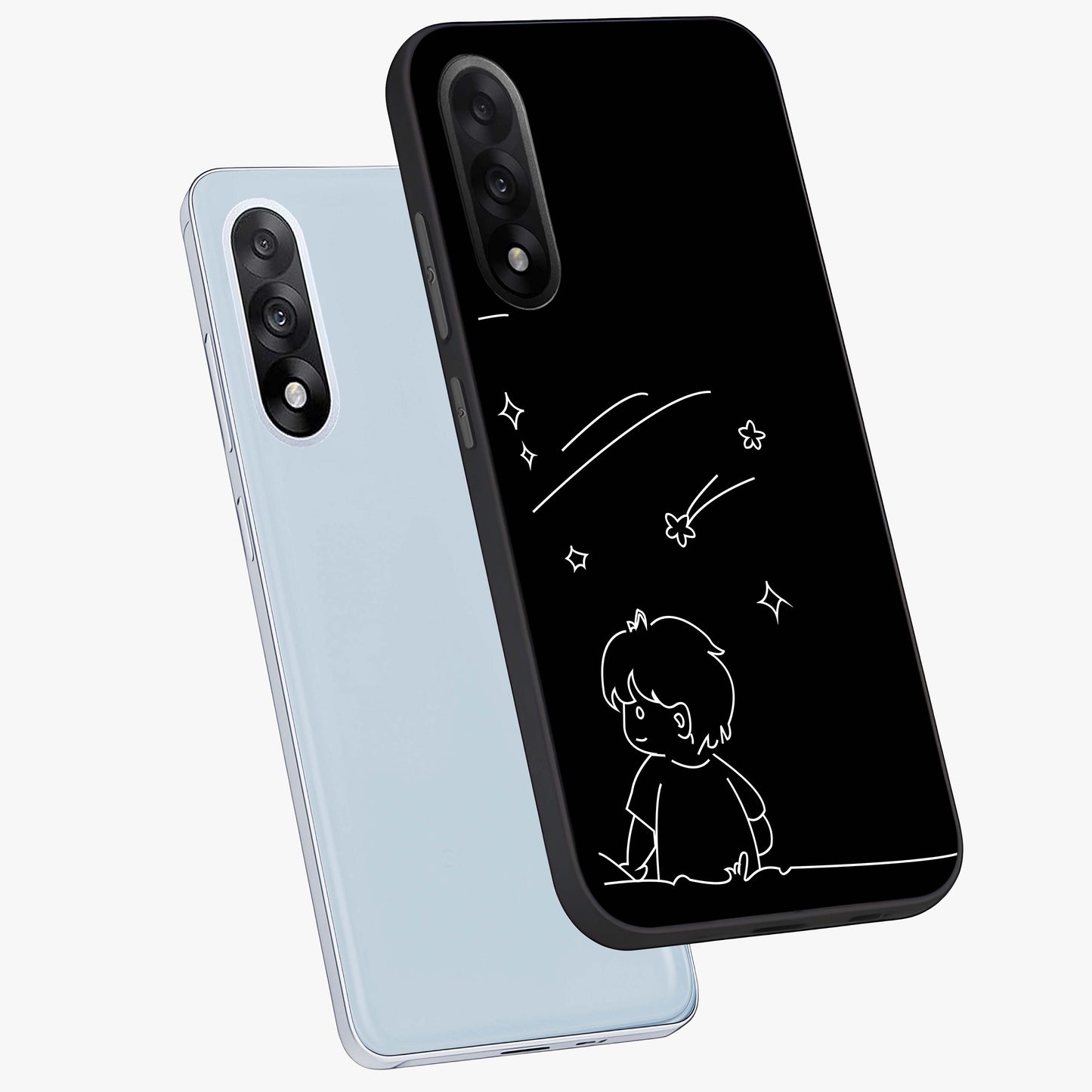 Line Art Boy With Shooting Stars Glass Case for 1+Nord 5 angled mockup showcasing glossy finish and clean monochrome detailing