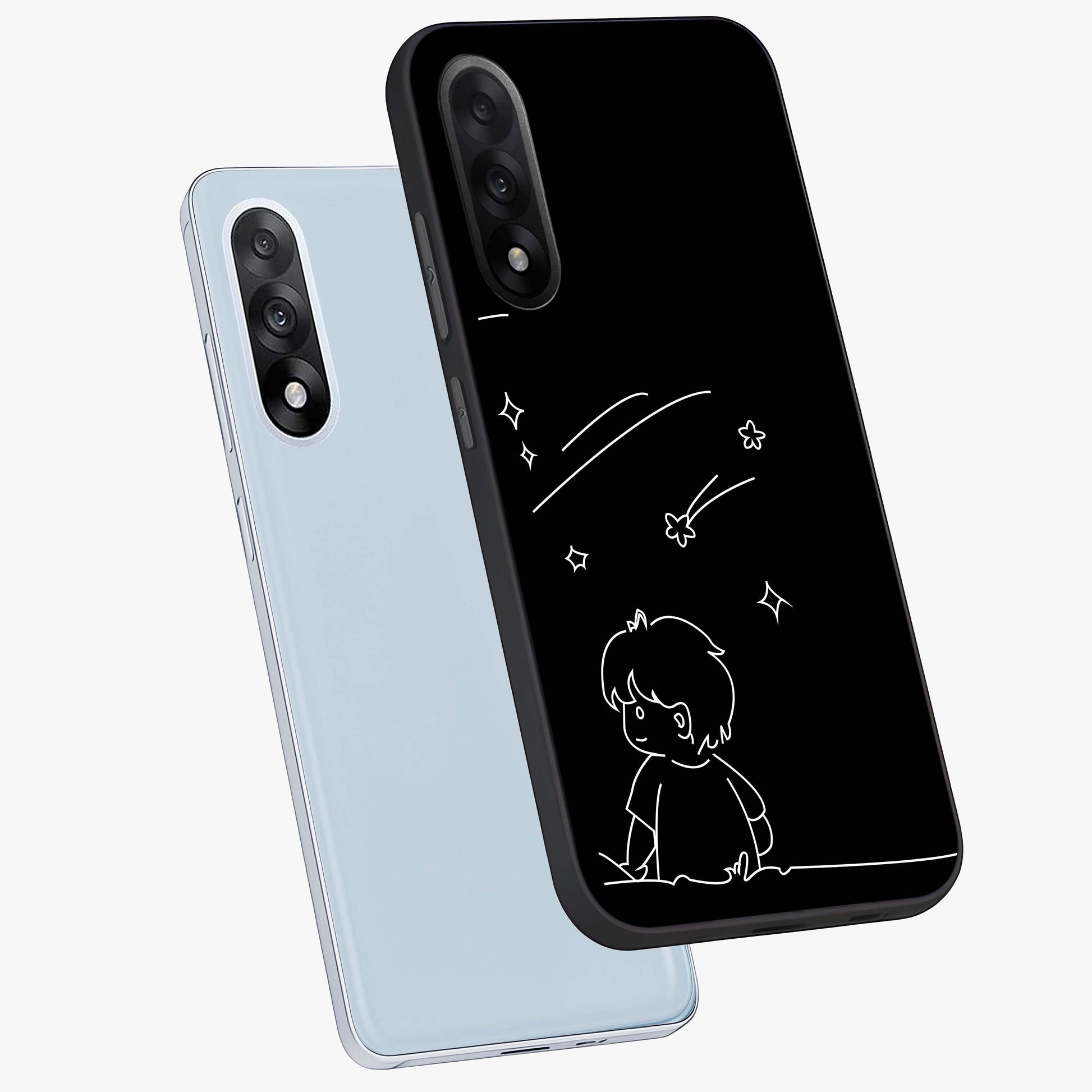 Line Art Boy With Shooting Stars Glass Case for 1+Nord 5 angled mockup showcasing glossy finish and clean monochrome detailing
