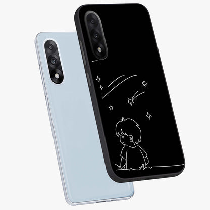 Line Art Boy With Shooting Stars Glass Case for 1+Nord 5 angled mockup showcasing glossy finish and clean monochrome detailing