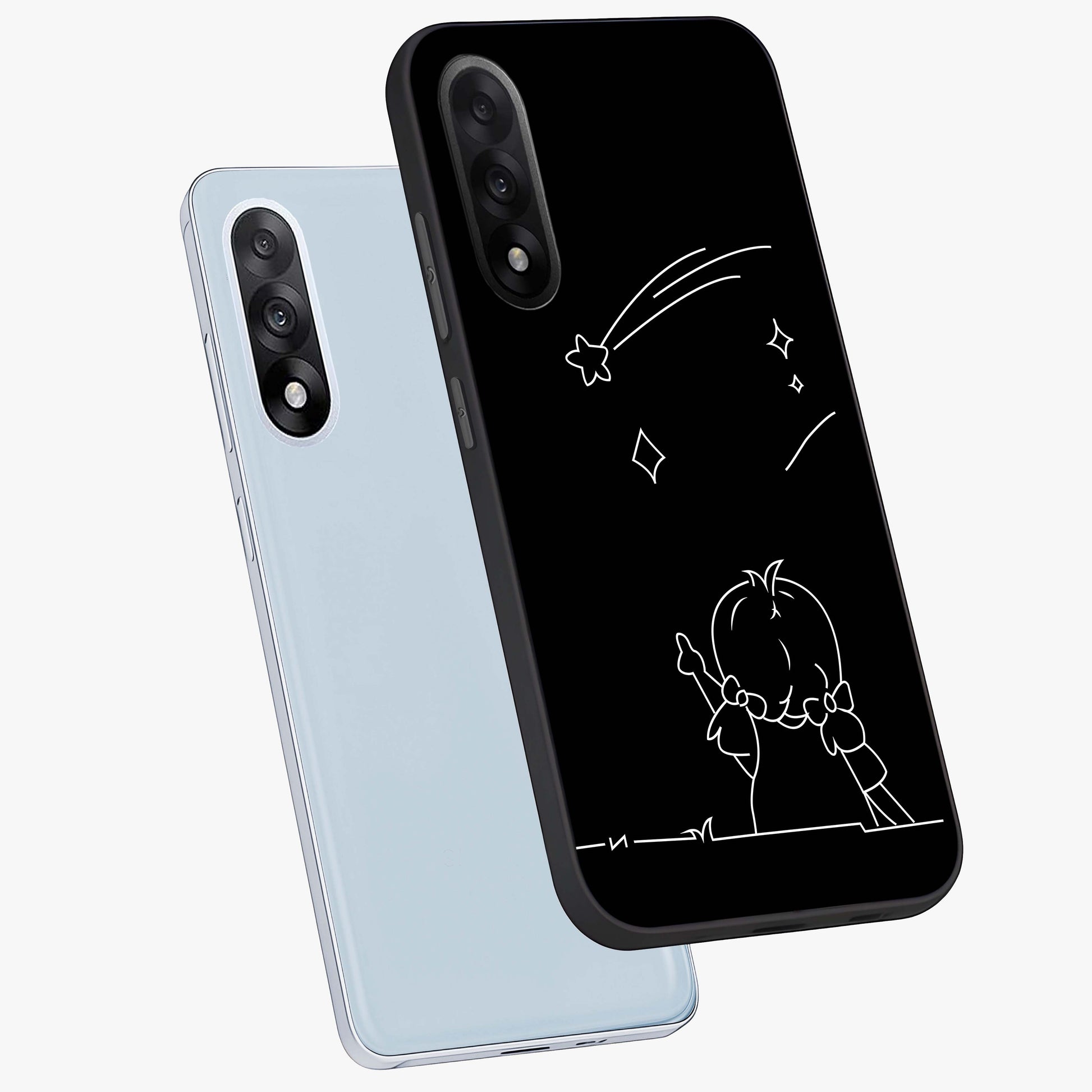 Line Art Girl With Shooting Stars Glass Case for 1+Nord 5 angled mockup showcasing glossy finish and refined artistic detailing