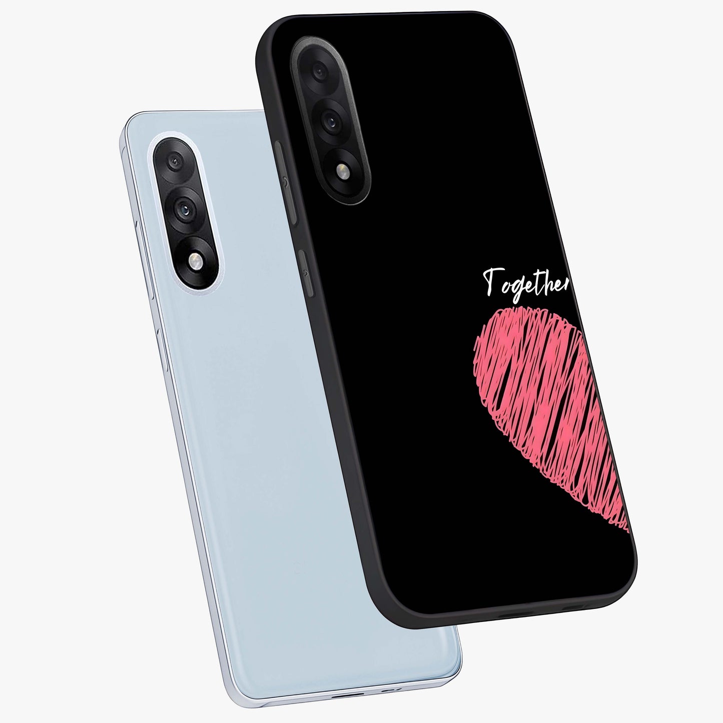 Love Forever Together Left Glass Case for 1+Nord 5 angled mockup showcasing glossy finish and soft love inspired tones