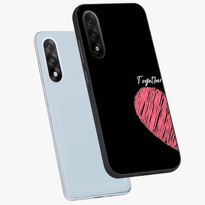 Love Forever Together Left Glass Case for 1+Nord 5 angled mockup showcasing glossy finish and soft love inspired tones