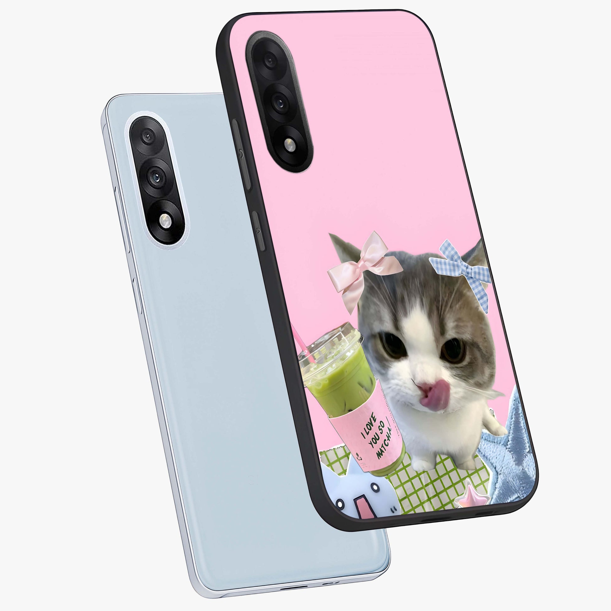 Love Matcha Cat Glass Case for 1+Nord 5 angled mockup showcasing glossy finish and playful pastel tones