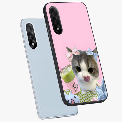 Love Matcha Cat Glass Case for 1+Nord 5 angled mockup showcasing glossy finish and playful pastel tones