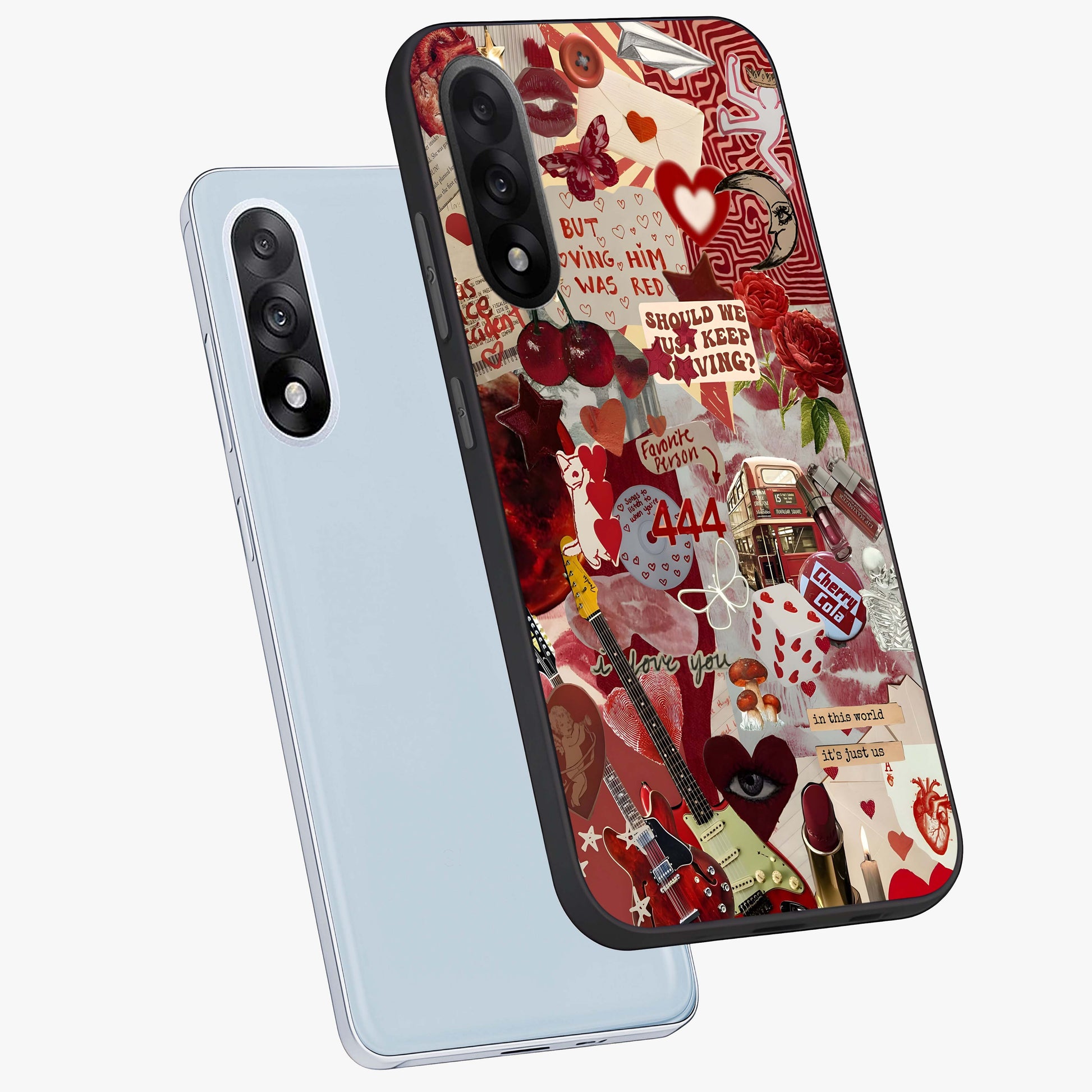 Lover’S Red Chaos Glass Case for 1+Nord 5 angled mockup showcasing glossy finish and dramatic crimson tones