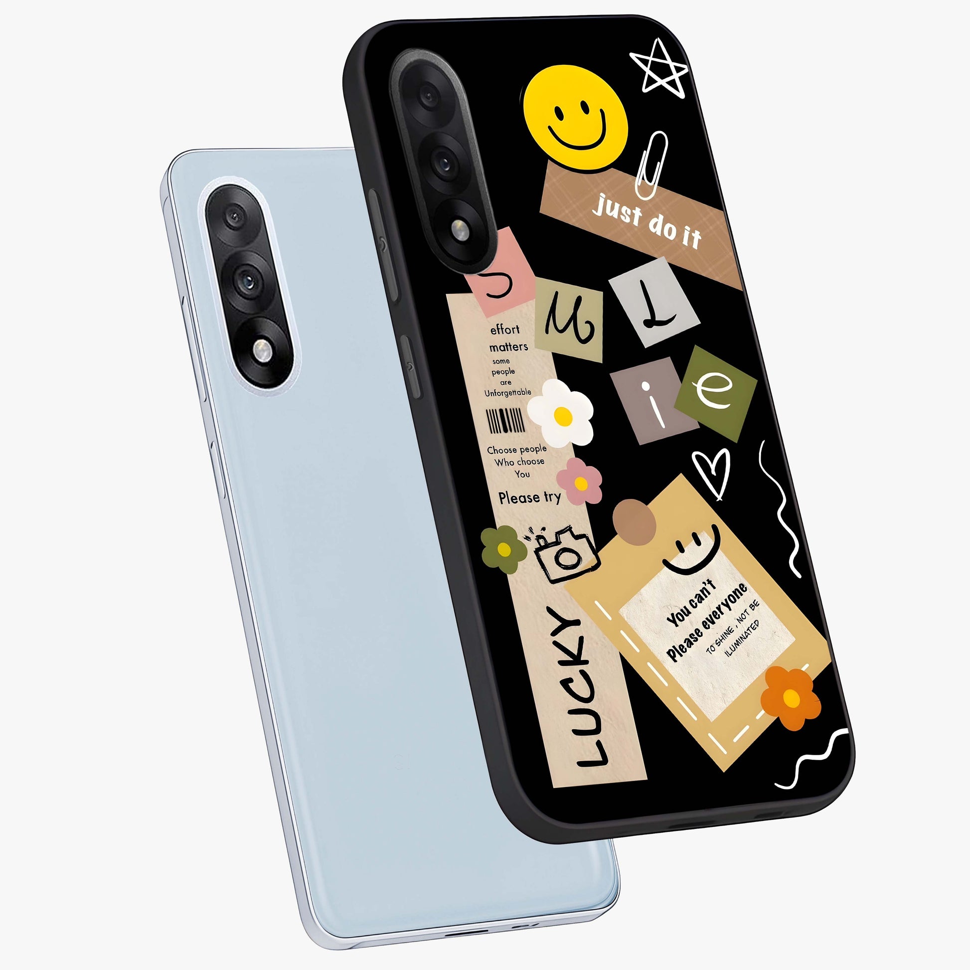 Lucky Aesthetic Collage Case Glass Case for 1+Nord 5 angled mockup showcasing glossy finish and colorful textures