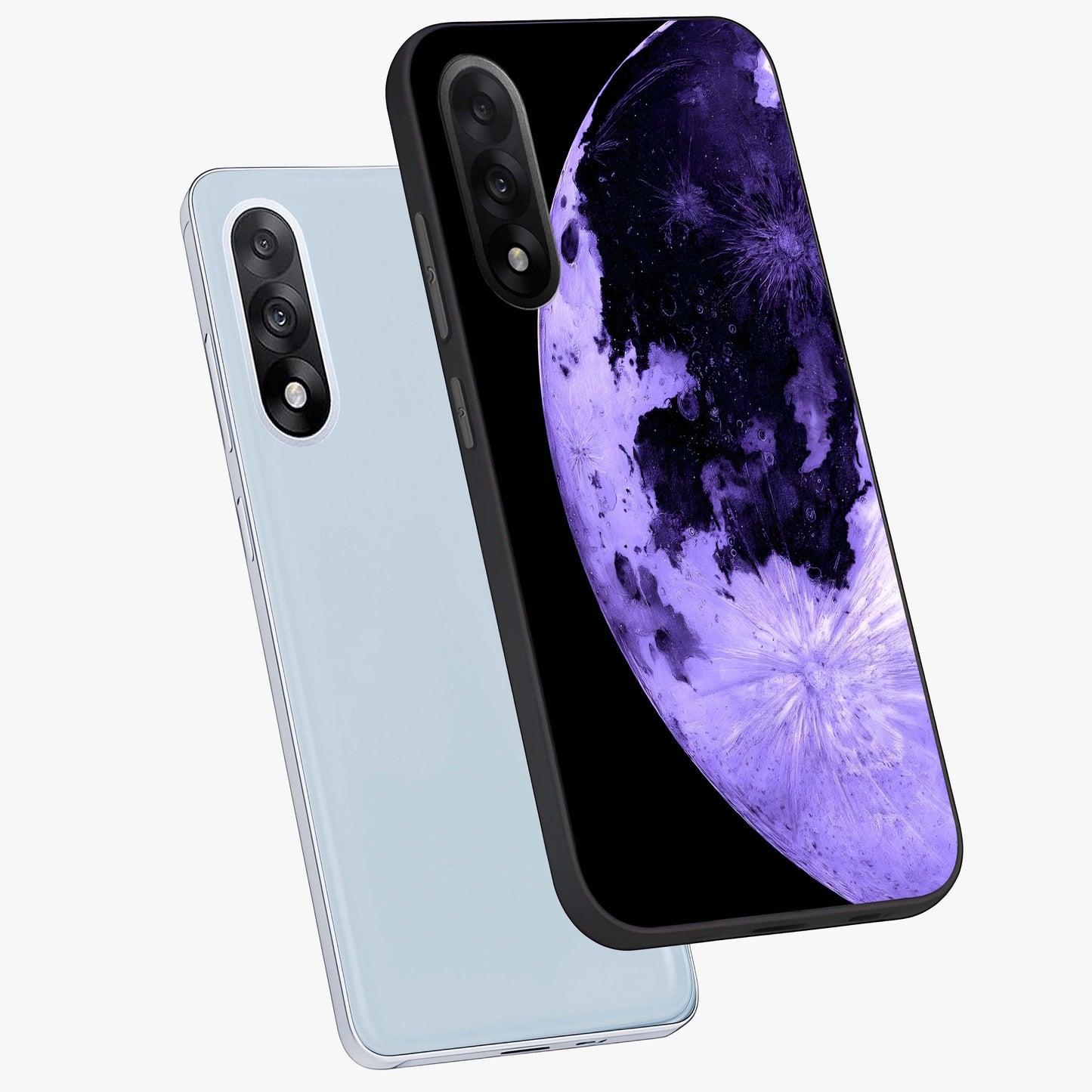 Lunar Glow in Violet Glass Case for 1+Nord 5 angled mockup showcasing glossy finish and soft purple gradients