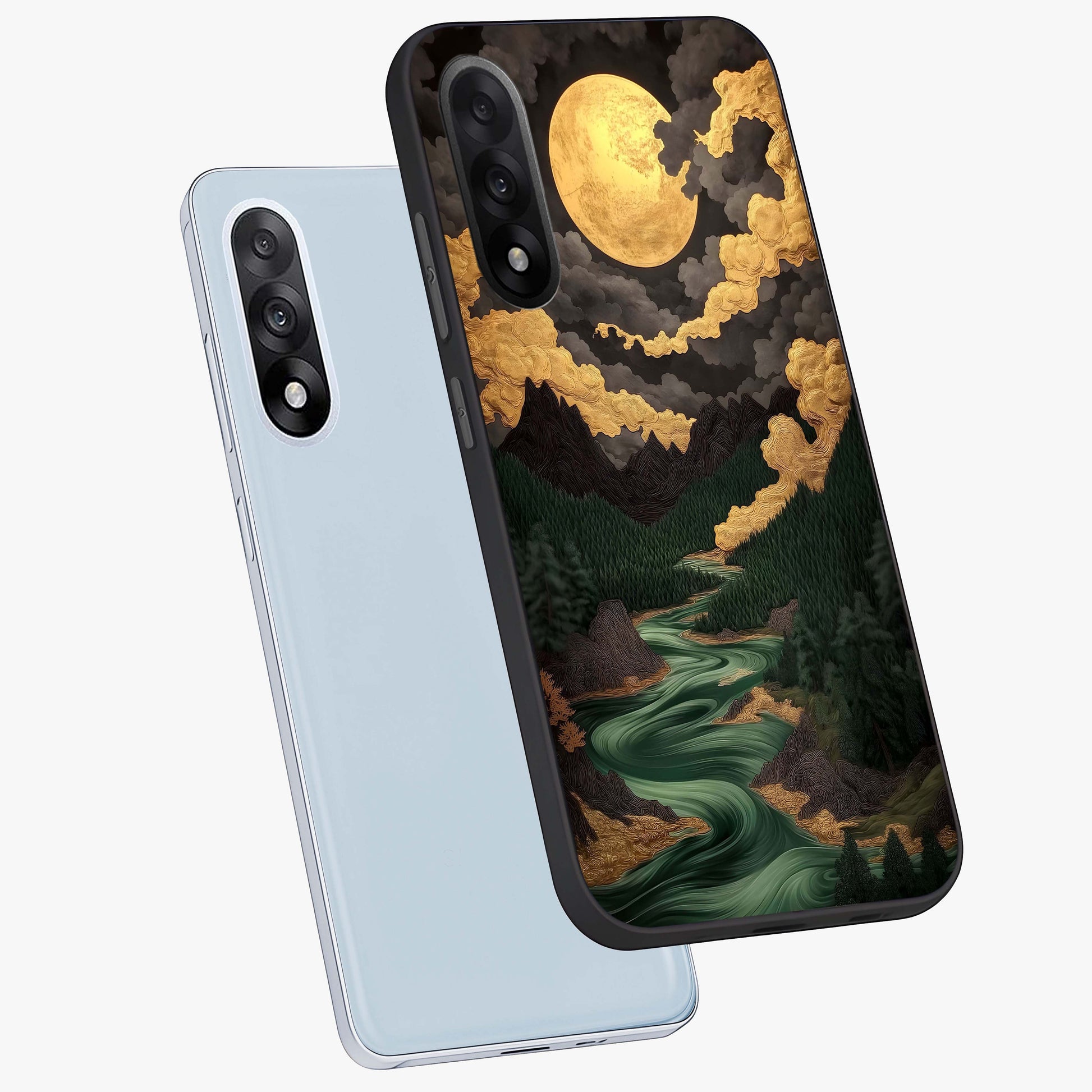 Lunar Silk Garden Glass Case for 1+Nord 5 angled mockup showcasing glossy glass finish and silky gradient textures