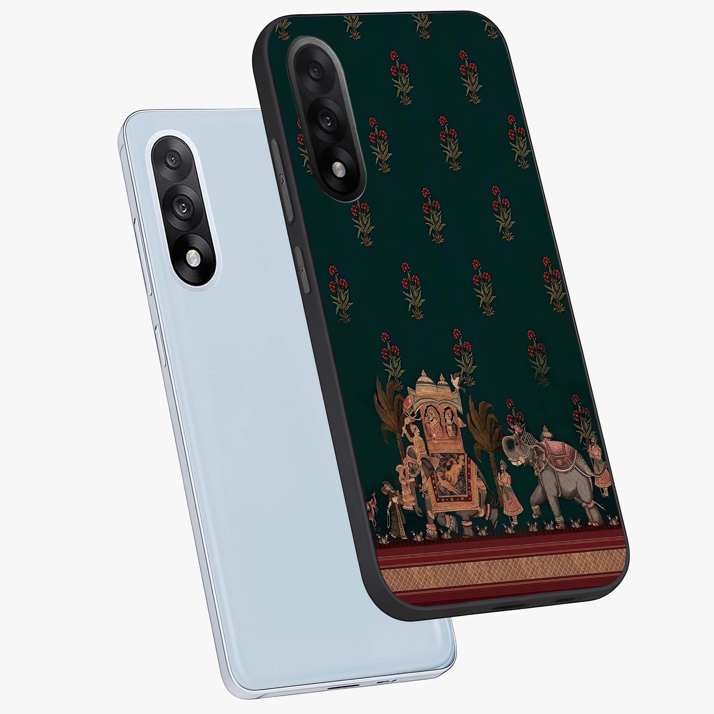 Macmerise Glass Case for 1+Nord 5 angled mockup showcasing glossy finish and vibrant design tones