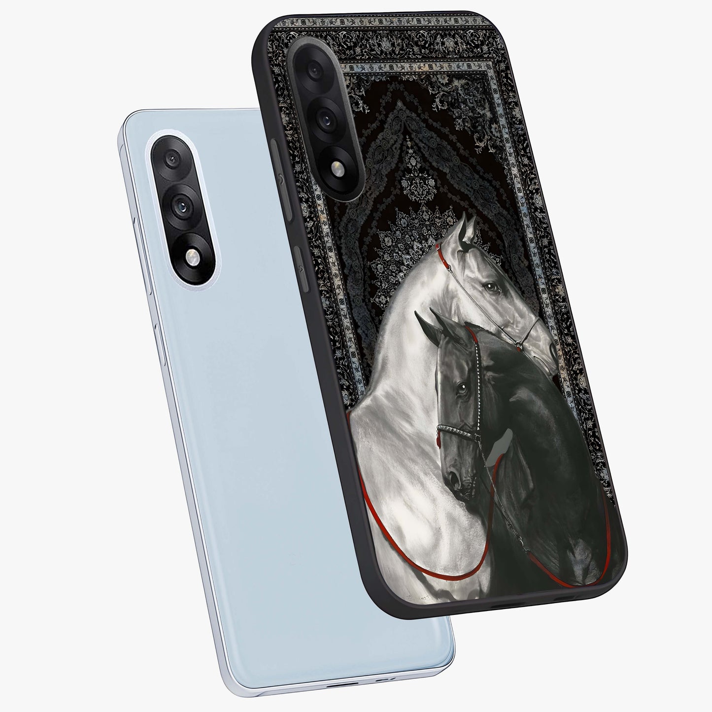 Majestic Ride Legacy Glass Case for 1+Nord 5 angled mockup showcasing glossy finish and strong graphic detailing