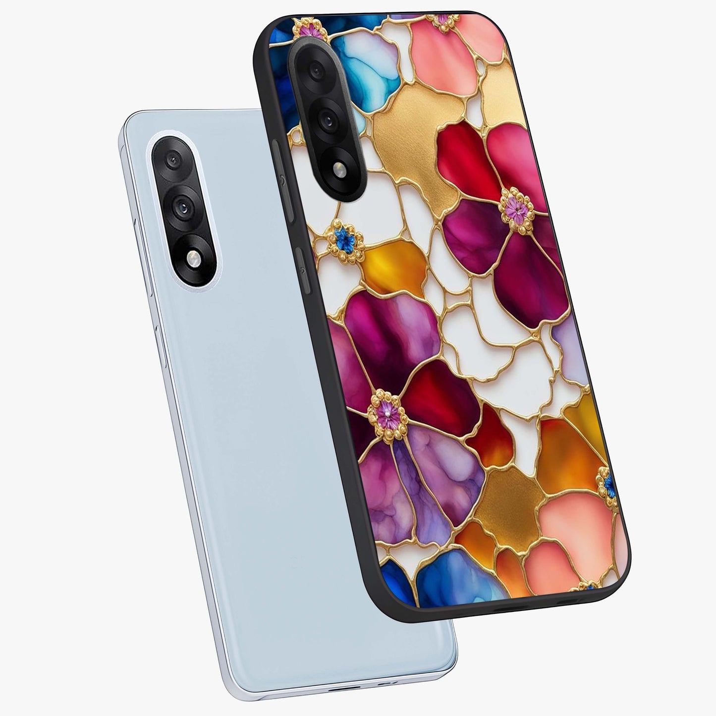 Marble Flower Pattern Glass Case for 1+Nord 5 angled mockup showcasing glossy finish and detailed bloom accents