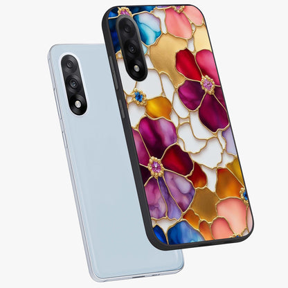 Marble Flower Pattern Glass Case for 1+Nord 5 angled mockup showcasing glossy finish and detailed bloom accents