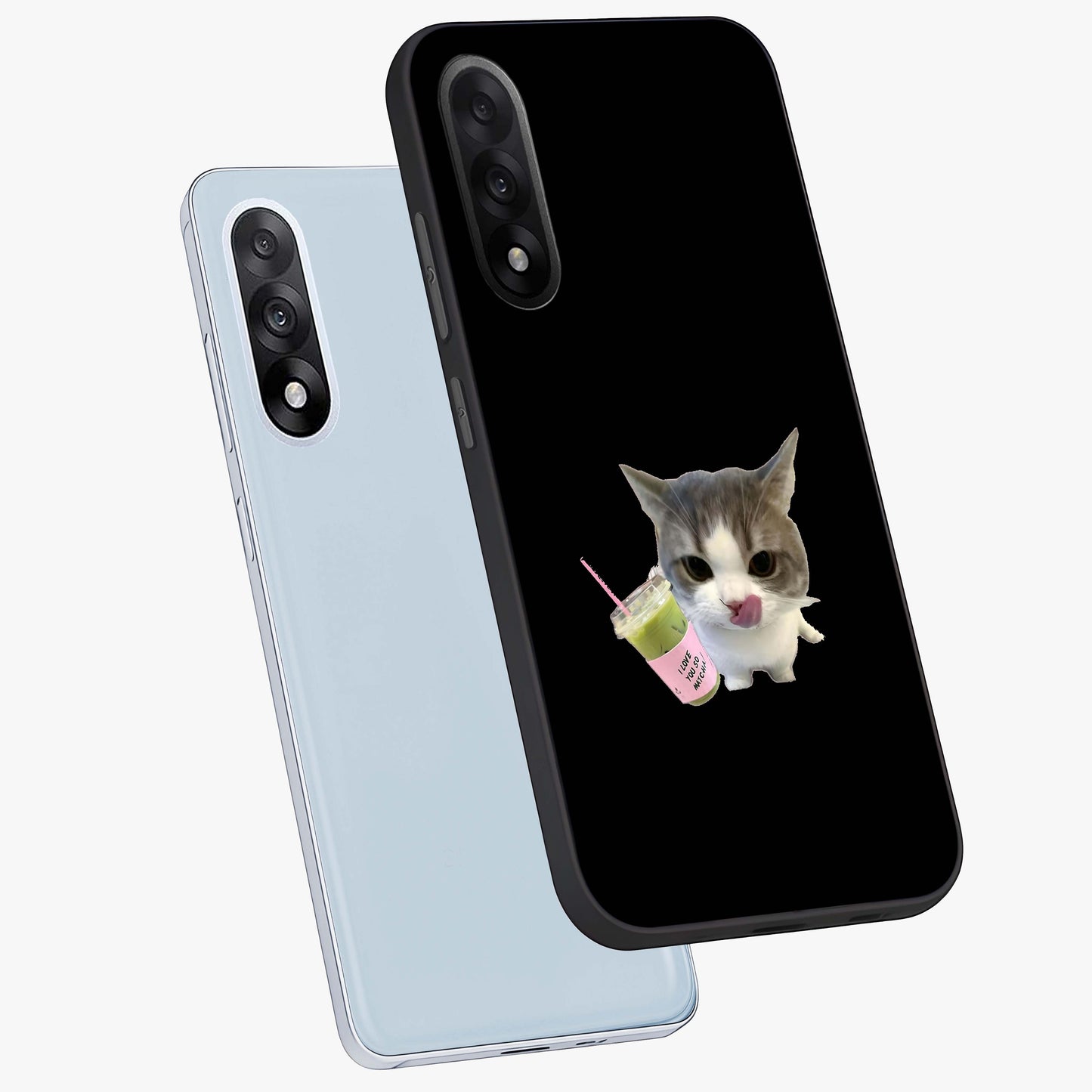 Matcha Cat Style Glass Case for 1+Nord 5 angled mockup showcasing glossy glass finish and playful pastel detailing