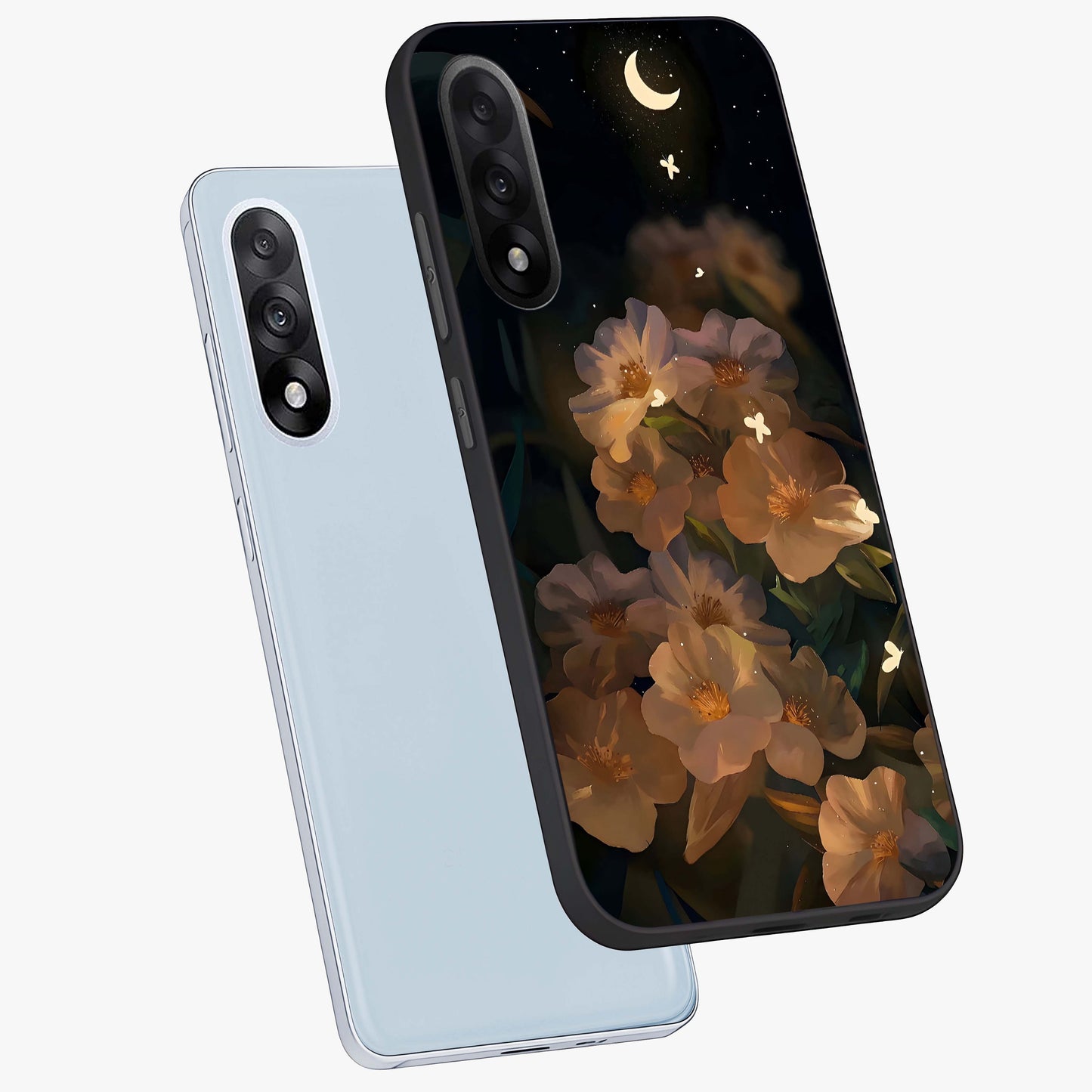 Midnight Bloom Trail Glass Case for 1+Nord 5 angled mockup showcasing glossy finish and luminous bloom accents