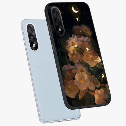 Midnight Bloom Trail Glass Case for 1+Nord 5 angled mockup showcasing glossy finish and luminous bloom accents