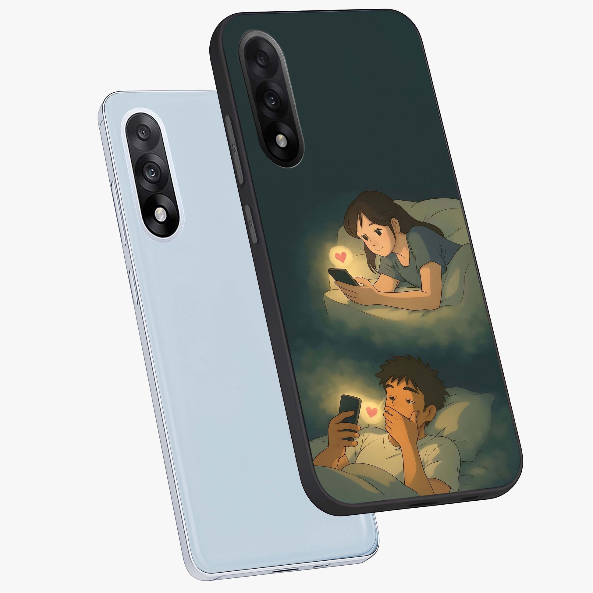 Midnight Love Echo Glass Case for 1+Nord 5 angled mockup showcasing glossy finish and warm luminous tones