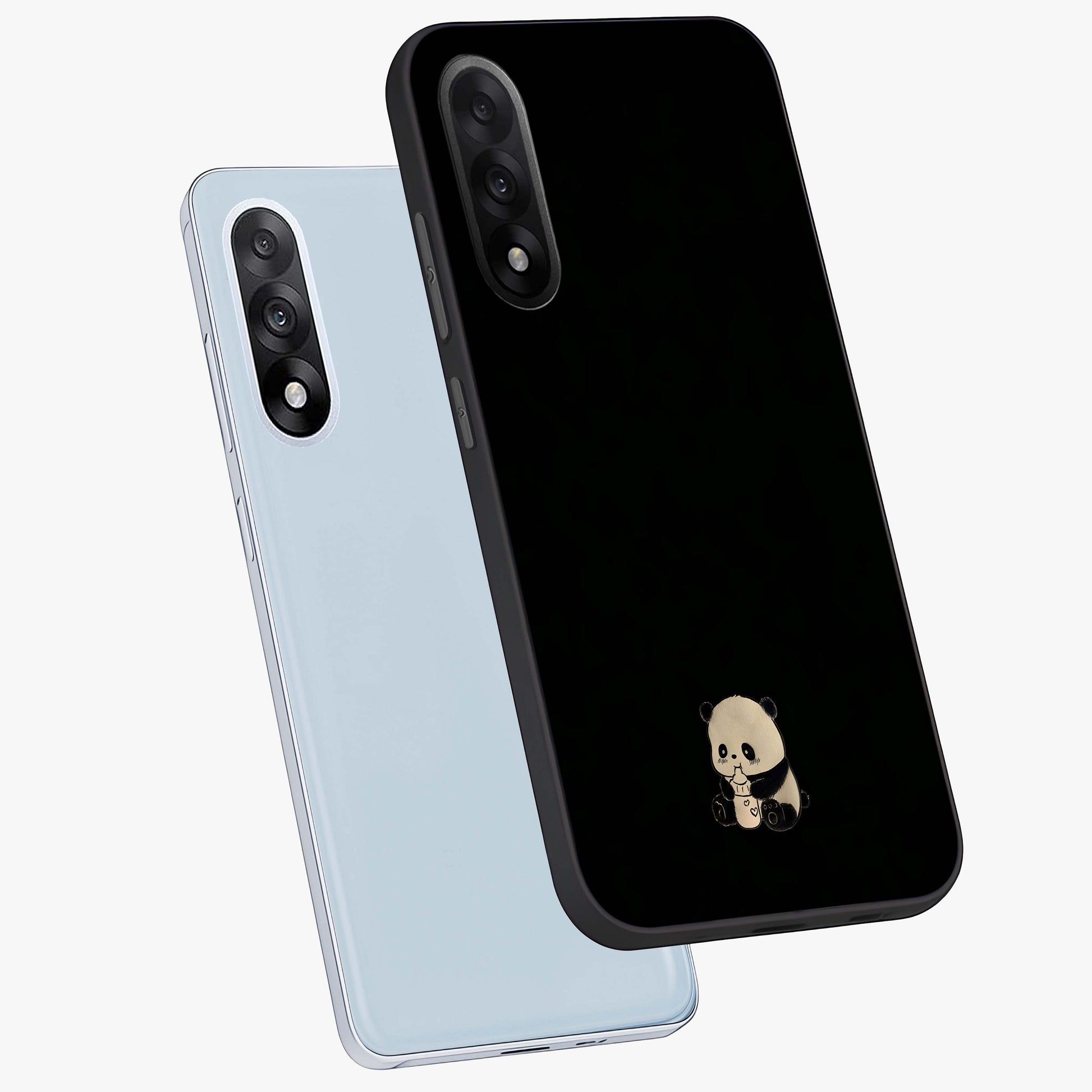 Midnight Panda Love Glass Case for 1+Nord 5 angled mockup showcasing glossy finish and soft contrast tones