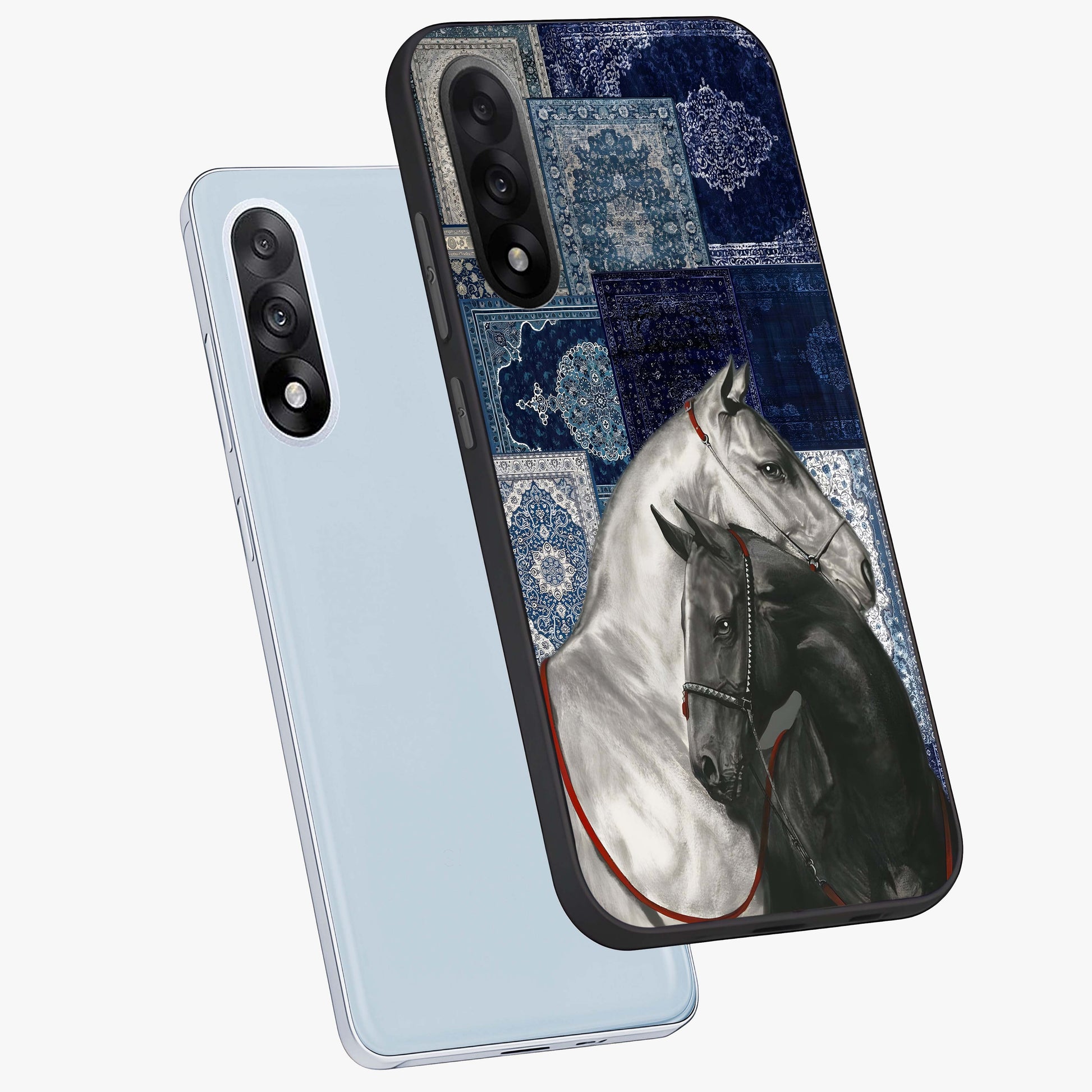 Midnight Stallion Blues Glass Case for 1+Nord 5 angled mockup showcasing glossy finish and dramatic equestrian detailing
