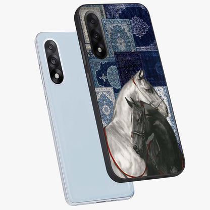 Midnight Stallion Blues Glass Case for 1+Nord 5 angled mockup showcasing glossy finish and dramatic equestrian detailing