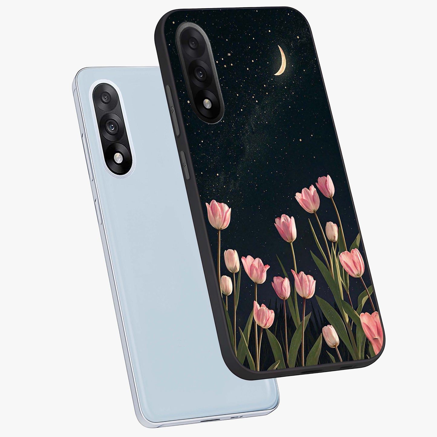 Midnight Tulip Whispers Vibe Glass Case for 1+Nord 5 angled mockup showcasing glossy finish and subtle bloom detailing