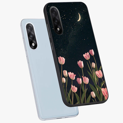 Midnight Tulip Whispers Vibe Glass Case for 1+Nord 5 angled mockup showcasing glossy finish and subtle bloom detailing