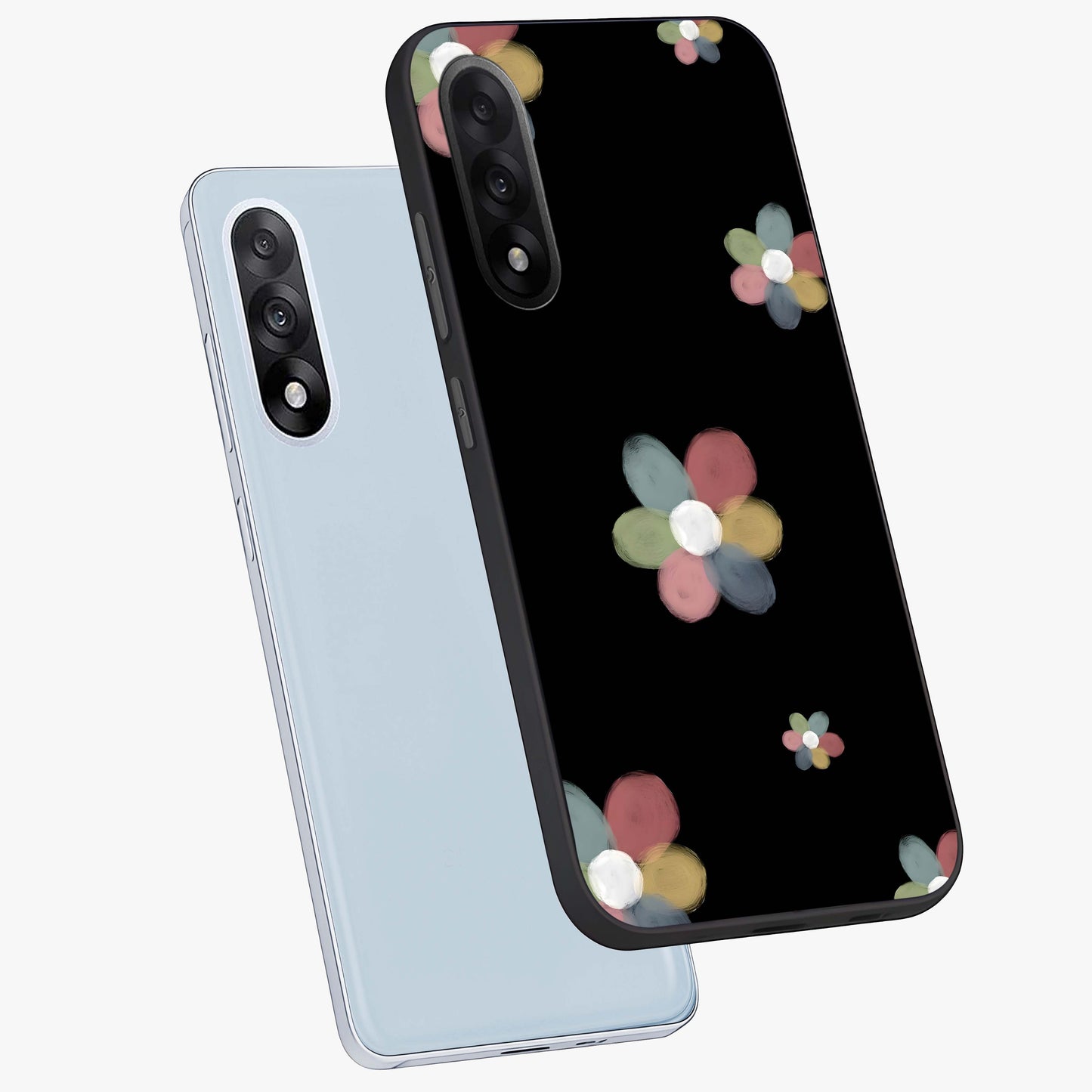 Minimal Floral Charm Glass Case for 1+Nord 5 angled mockup showcasing glossy finish and soft pastel tones