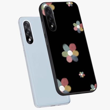 Minimal Floral Charm Glass Case for 1+Nord 5 angled mockup showcasing glossy finish and soft pastel tones