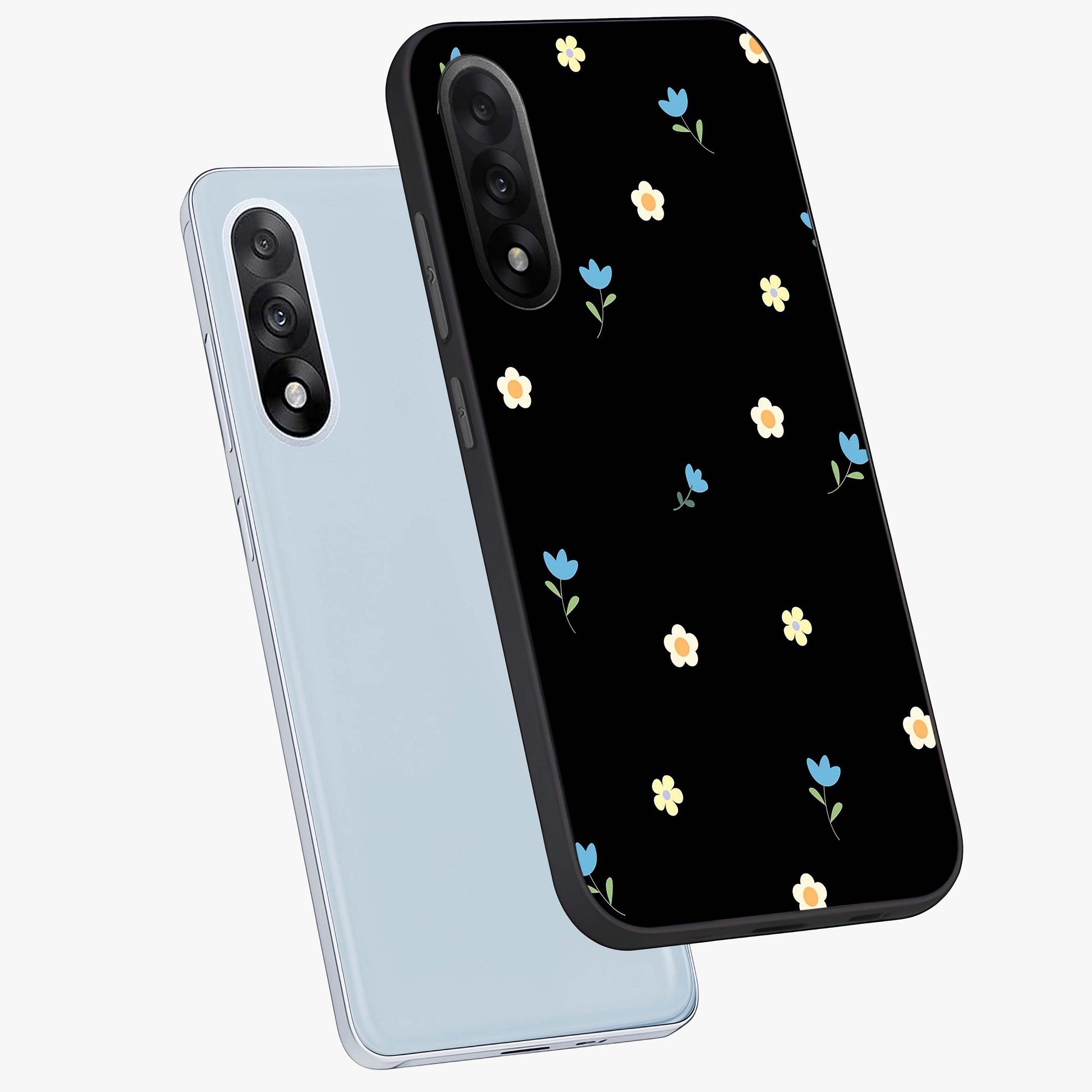 Minimalistic Blue With White Flower Pattern Glass Case for 1+Nord 5 angled mockup showcasing glossy finish and crisp clean detailing