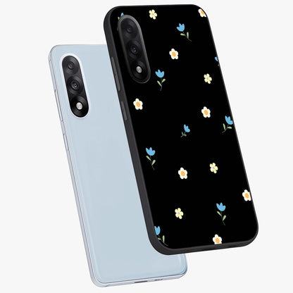 Minimalistic Blue With White Flower Pattern Glass Case for 1+Nord 5 angled mockup showcasing glossy finish and crisp clean detailing